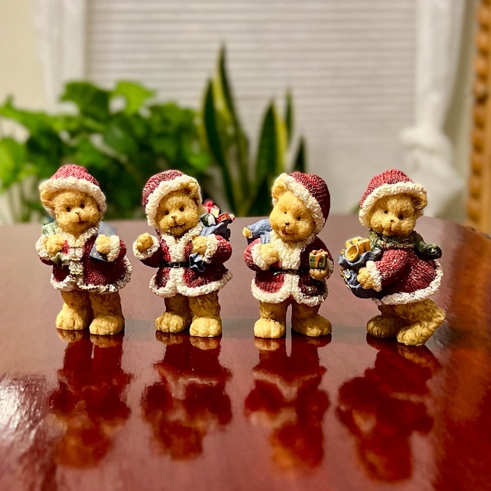 Vintage Home Interiors Christmas Santa Teddy Bear Figurines Textured Set of 4